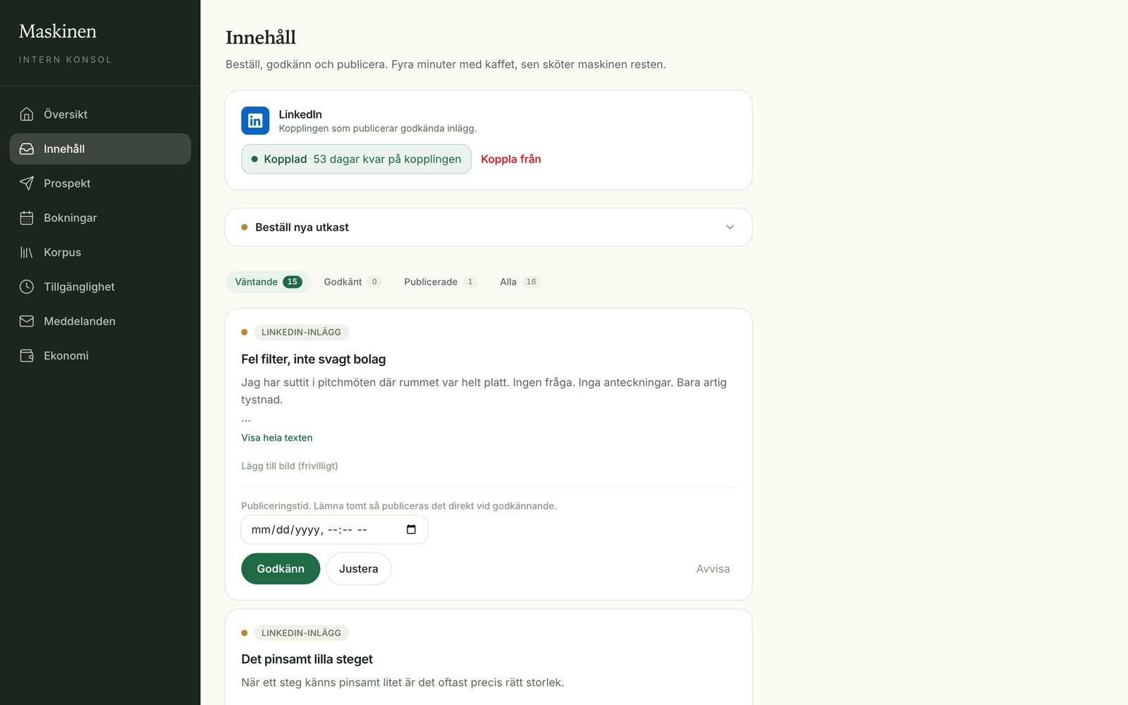 The content queue in the platform Ringbell runs on, with drafts waiting for approval